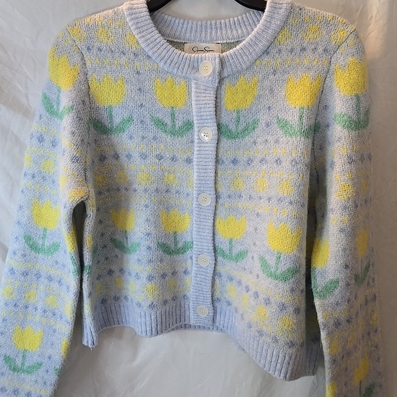 Jessica Simpson Knit Floral Cardigan Sweater Blue Yellow Tulips Size M NWT - Picture 2 of 16